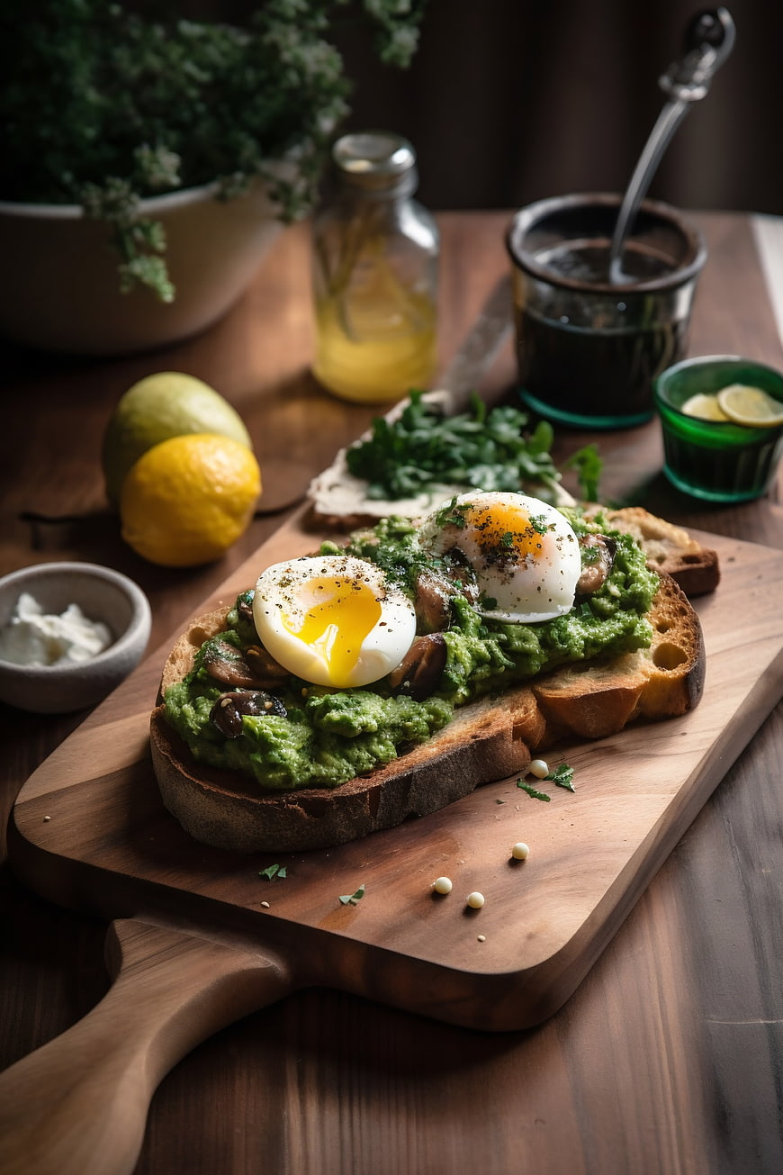 Avocado Toast with Poached Eggs on Wooden Board