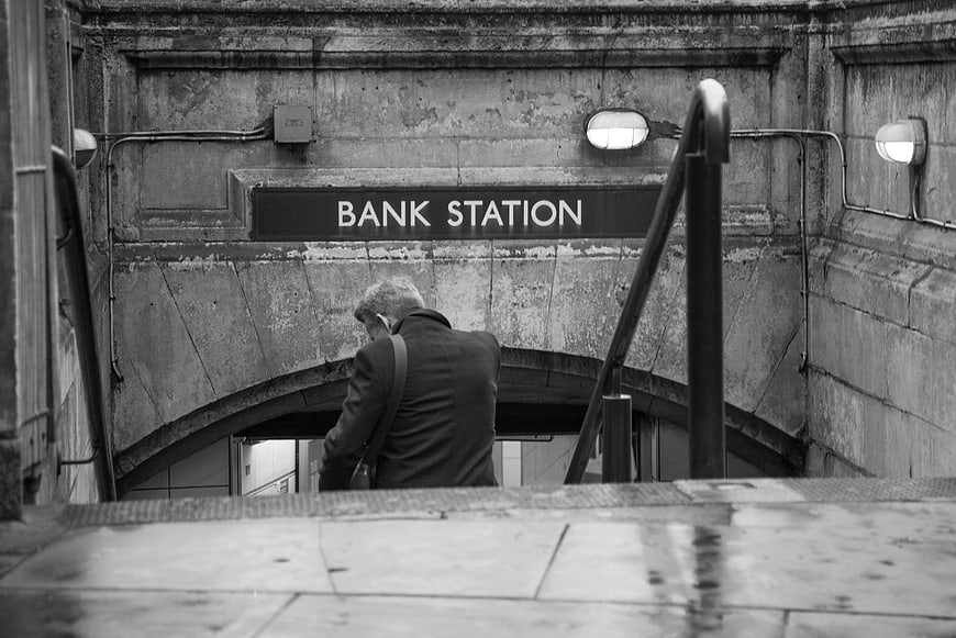 Man descending stairs at Bank Station London Underground