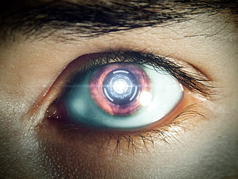 Close-up of human eye with futuristic robotic iris overlay