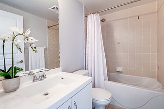 Bright Modern Bathroom Interior With White Vanity And Bathtub