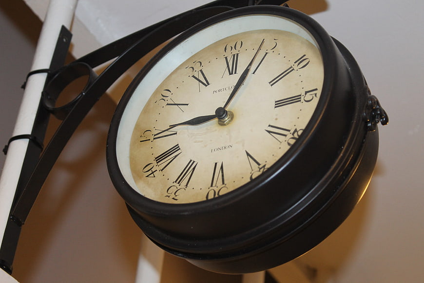 Vintage black railway station clock with Roman numerals
