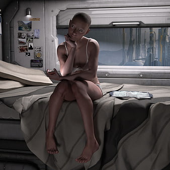 3D Render of Woman in Futuristic Space Station Bedroom