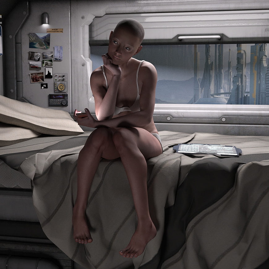 3D Render of Woman in Futuristic Space Station Bedroom