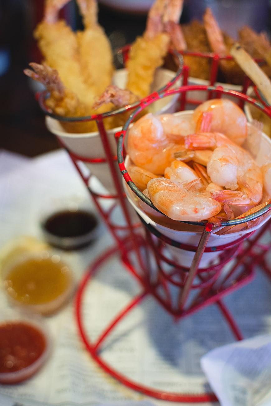 Shrimp cocktail and fried shrimp appetizer platter