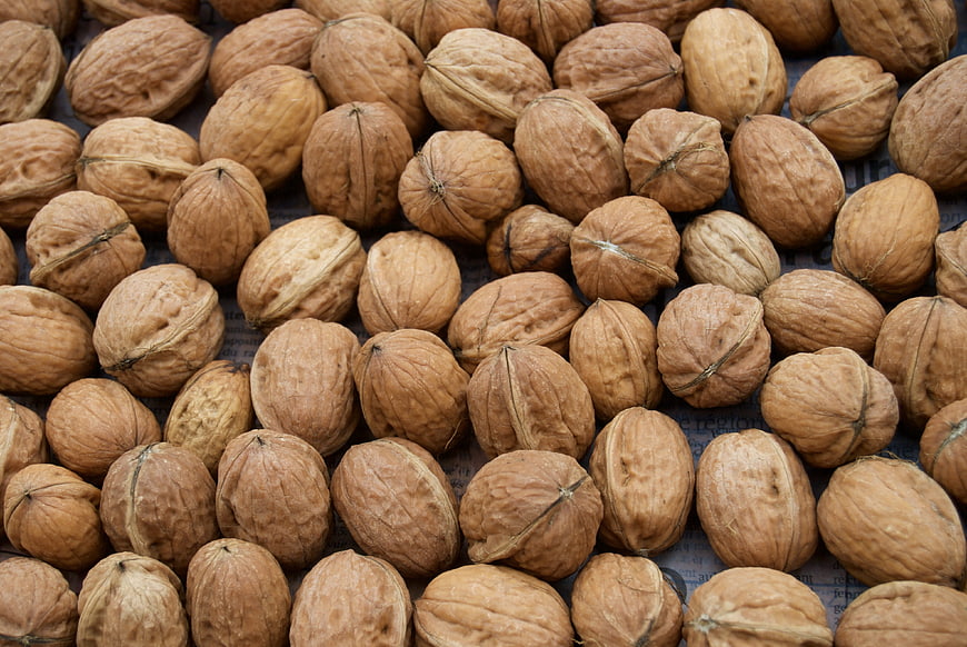 Close-up of Whole Walnuts in Shells on Newspaper