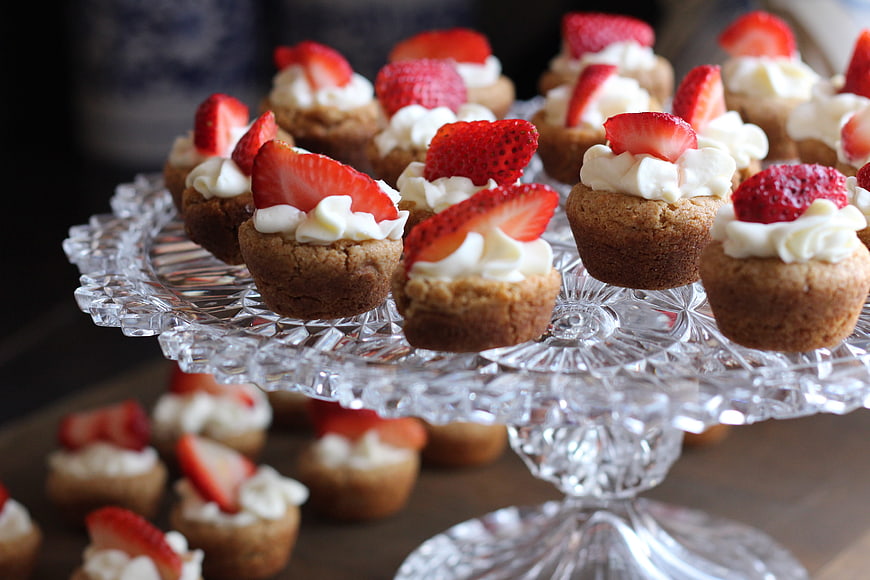 Strawberry Cream Mini Tarts on Crystal Cake Stand