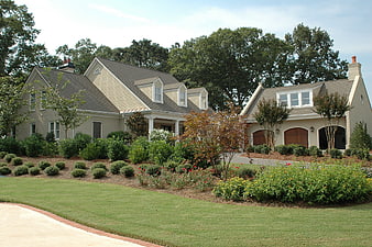 Large suburban home with manicured lawn and landscaping