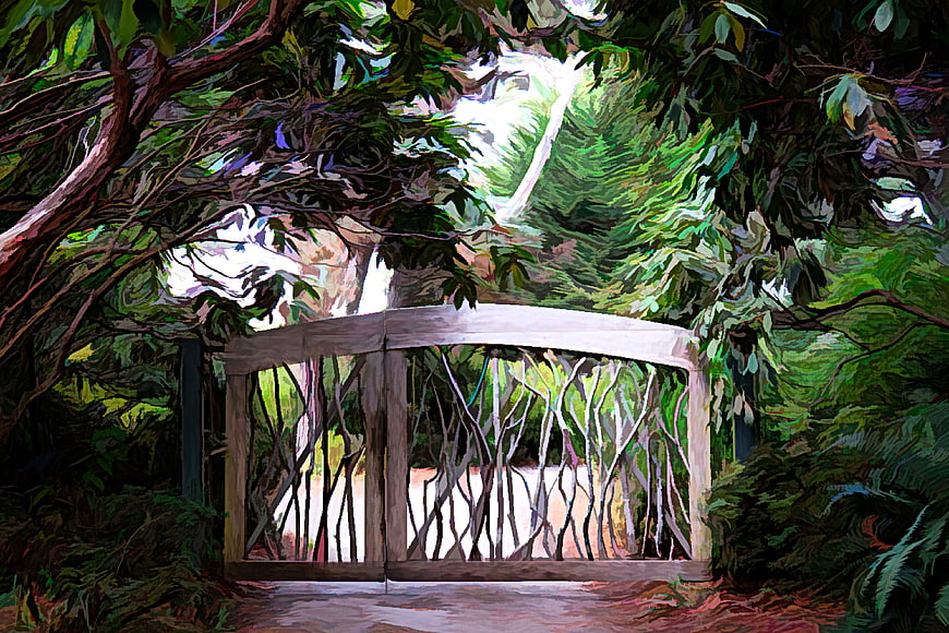 Artistic painting of a wooden gate in a lush forest