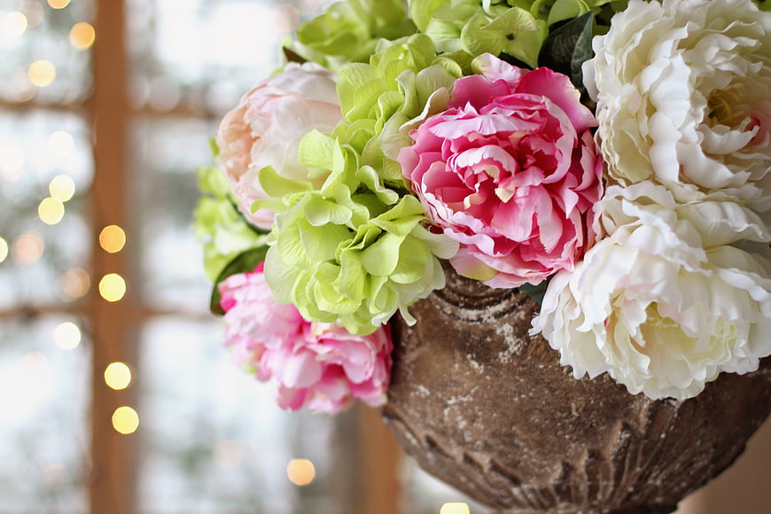 Pink and White Peonies with Green Hydrangeas in Rustic Vase