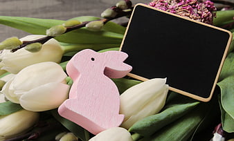 Pink Wooden Easter Bunny with White Tulips and Chalkboard