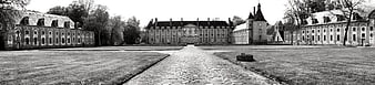 Black and White Panorama of Historic French Chateau Courtyard
