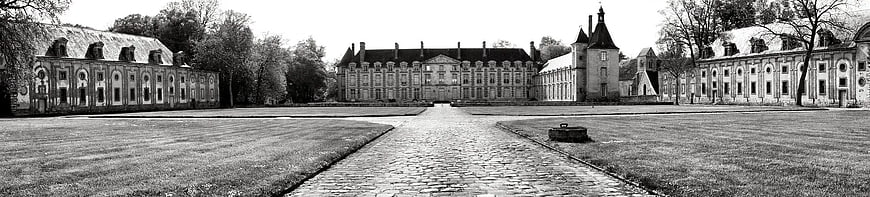 Black and White Panorama of Historic French Chateau Courtyard