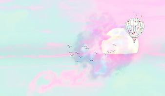 Dreamy Hot Air Balloon in Pastel Pink and Blue Sky
