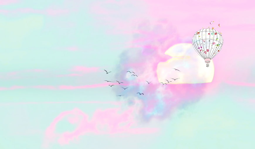Dreamy Hot Air Balloon in Pastel Pink and Blue Sky