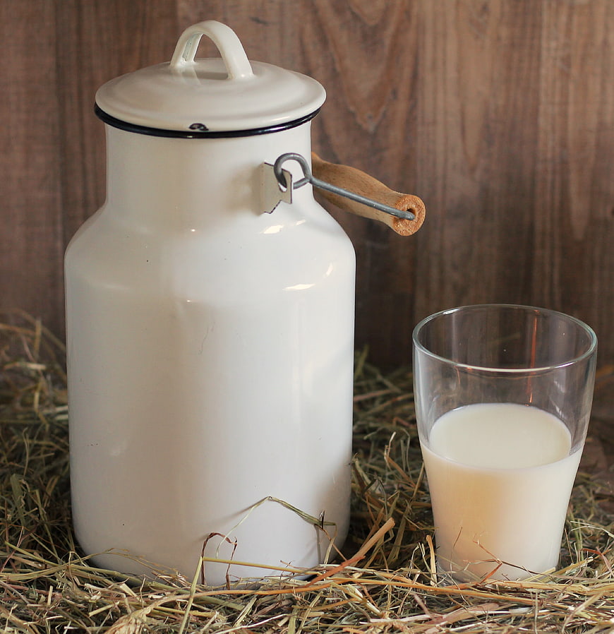 Vintage white milk can and glass of fresh milk on hay