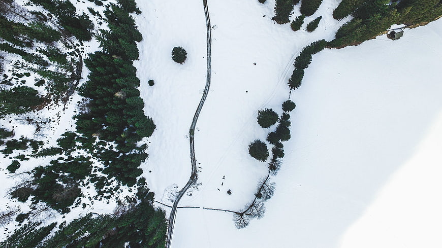 Aerial view of snowy forest with winding path and pine trees