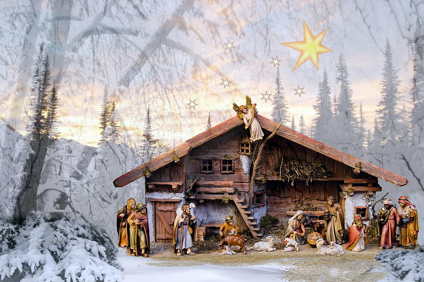 Traditional Christmas Nativity Scene in Snowy Winter Landscape