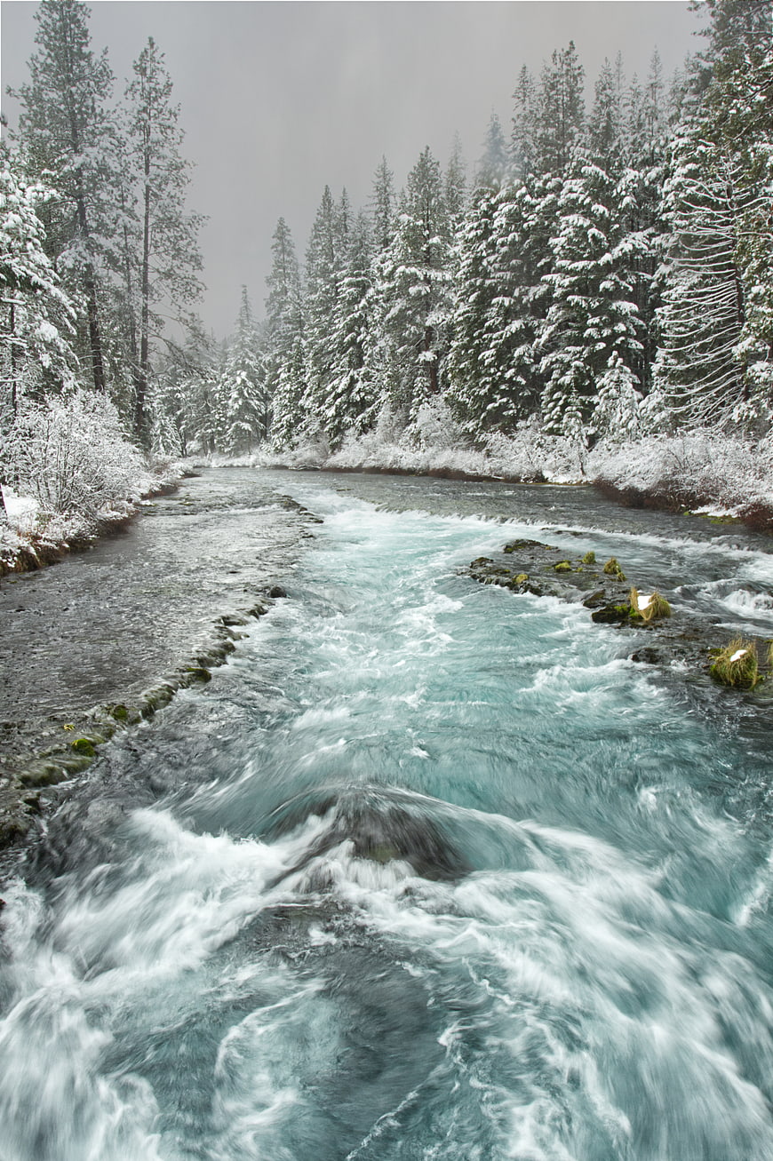 Flowing River Through Snowy Winter Forest Landscape