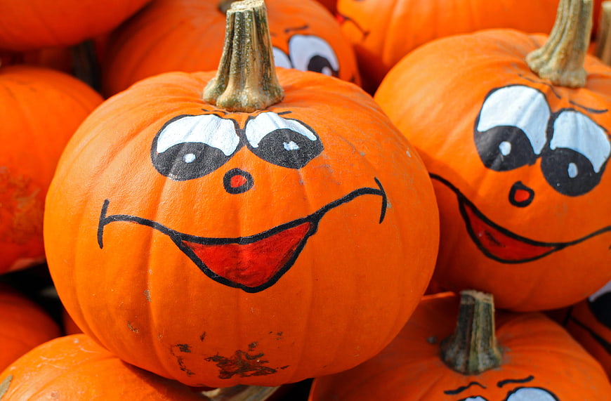 Close-up of painted smiling pumpkins for Halloween decoration