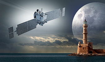 Satellite and Lighthouse Concept with Giant Moon Background