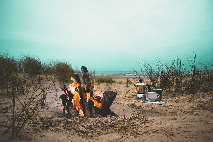 Cozy Beach Campfire with Coffee Maker and Ocean View