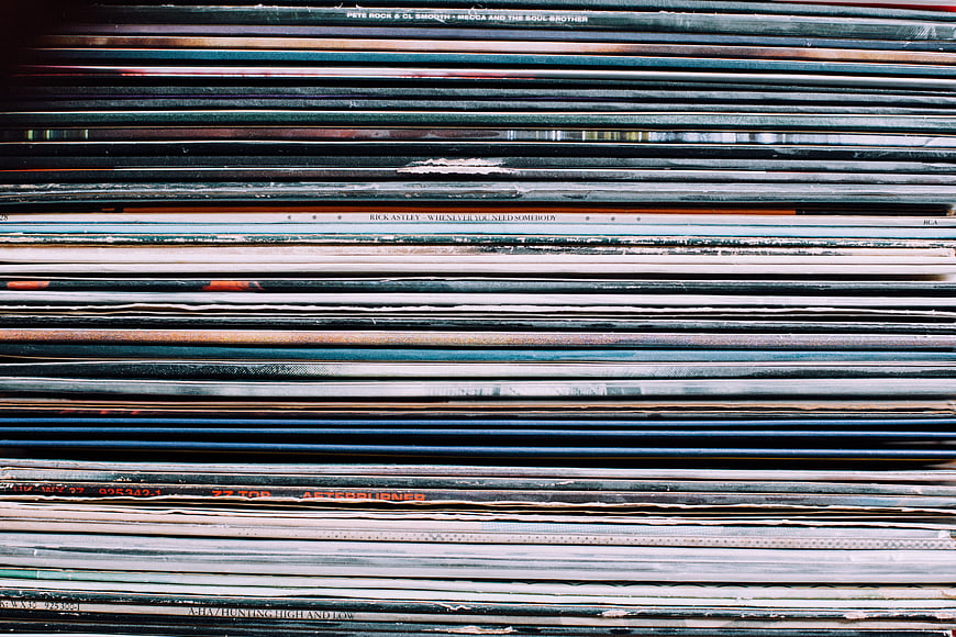Stacked Vintage Vinyl Records Close Up