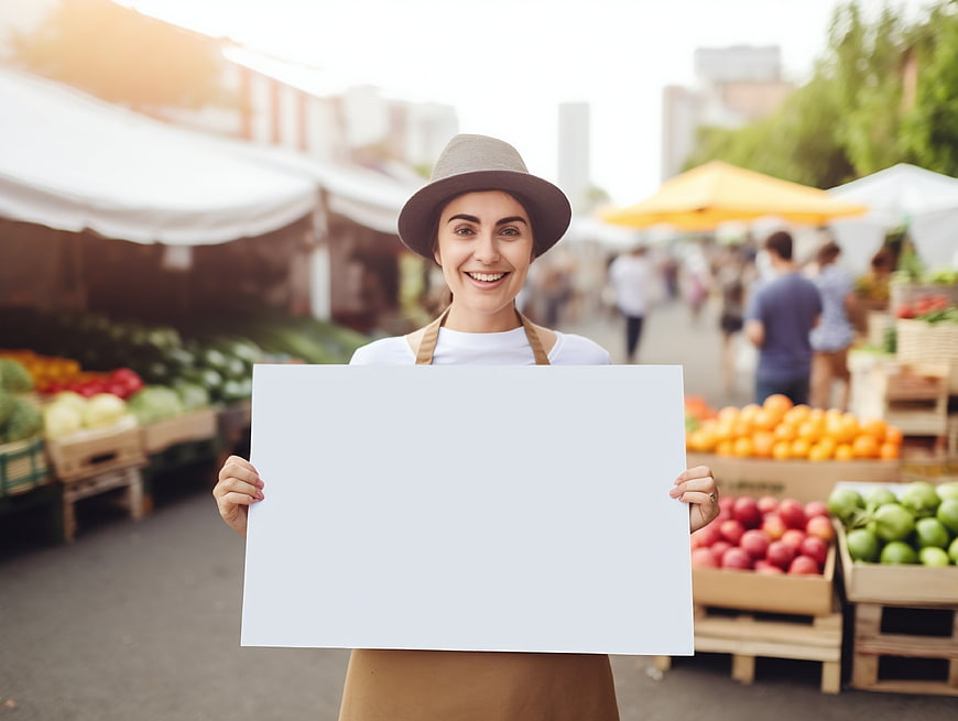 Happy woman holding blank sign at farmers market