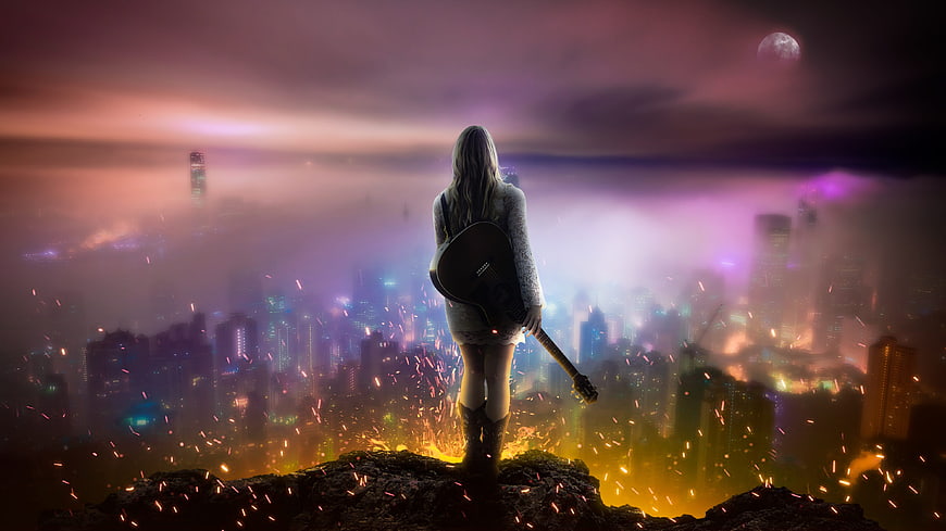 Woman with Guitar on Cliff Overlooking Fantasy City