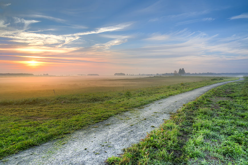 Misty gravel path through green fields at sunrise