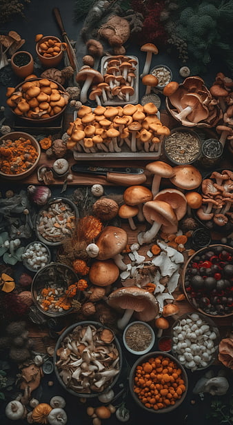 Overhead View of Diverse Wild Mushrooms and Foraged Ingredients