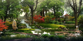 3D Architectural Rendering of Serene Asian Garden Landscape