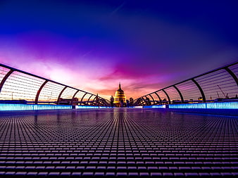 Millennium Bridge Leading to St Paul's Cathedral at Sunset