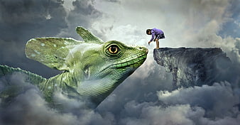Fantasy girl feeding giant green lizard on floating rock in clouds