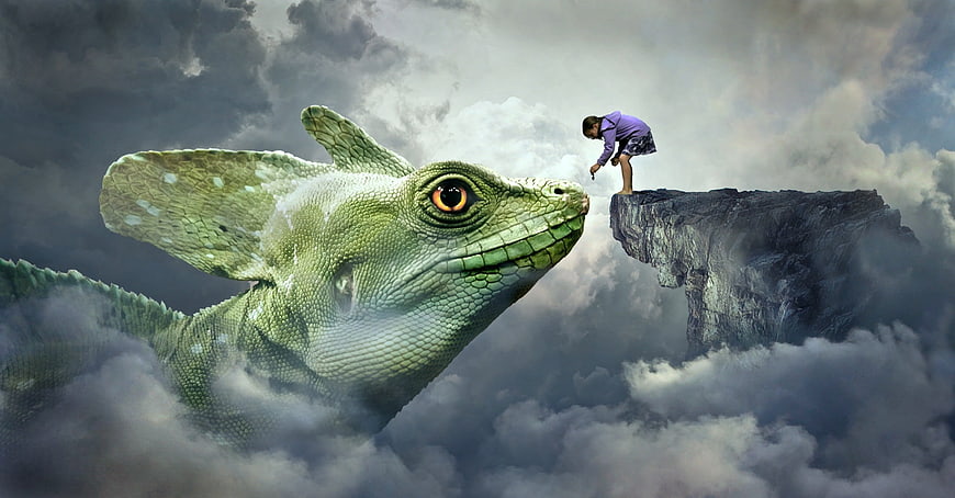 Fantasy girl feeding giant green lizard on floating rock in clouds