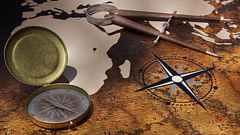 Vintage Compass and Dividers on Old World Map