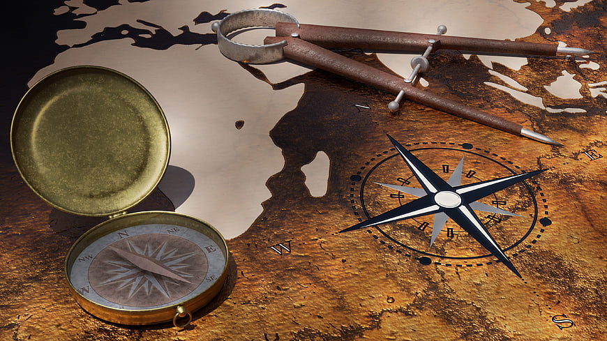 Vintage Compass and Dividers on Old World Map