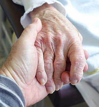 Young hand holding wrinkled elderly hand showing care and compassion