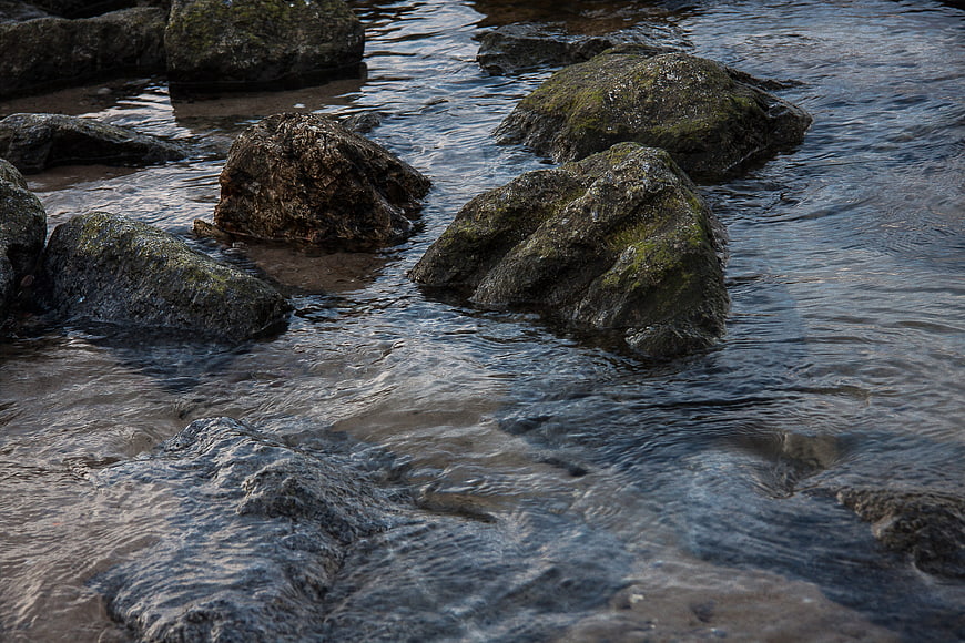 Mossy rocks in flowing coastal water