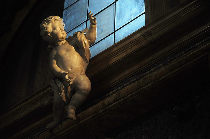 Classical Marble Cupid Sculpture Reaching for Window Light