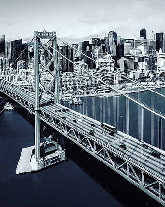 Aerial View of San Francisco Bay Bridge and Skyline