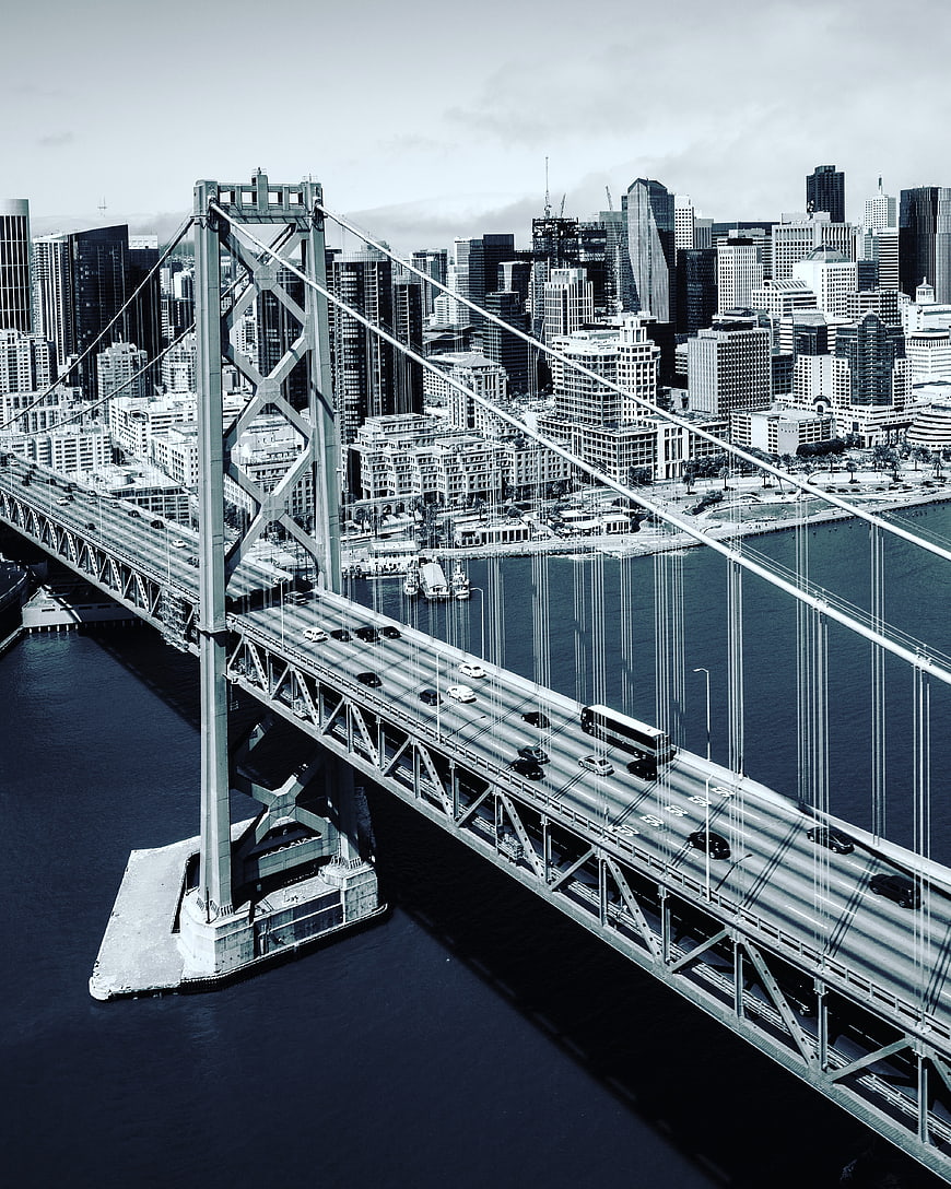 Aerial View of San Francisco Bay Bridge and Skyline