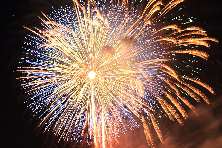 Vibrant Gold and Blue Fireworks Exploding in Night Sky
