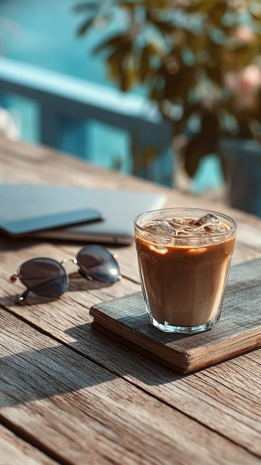 Iced Coffee on Wooden Table with Sunglasses and Laptop