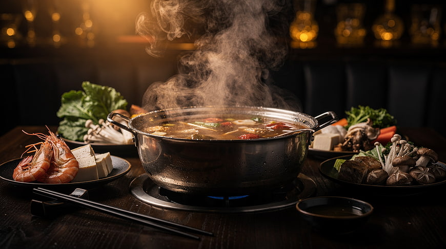 Steaming Hot Pot with Fresh Shrimp, Tofu, and Vegetables