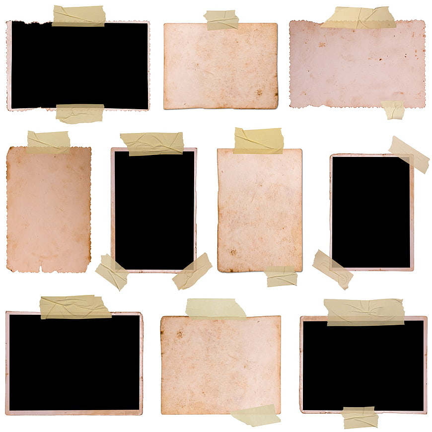 Vintage paper frames with masking tape on white background