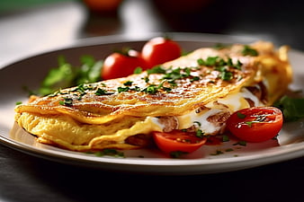 Golden Omelette with Mushrooms and Tomatoes on Plate