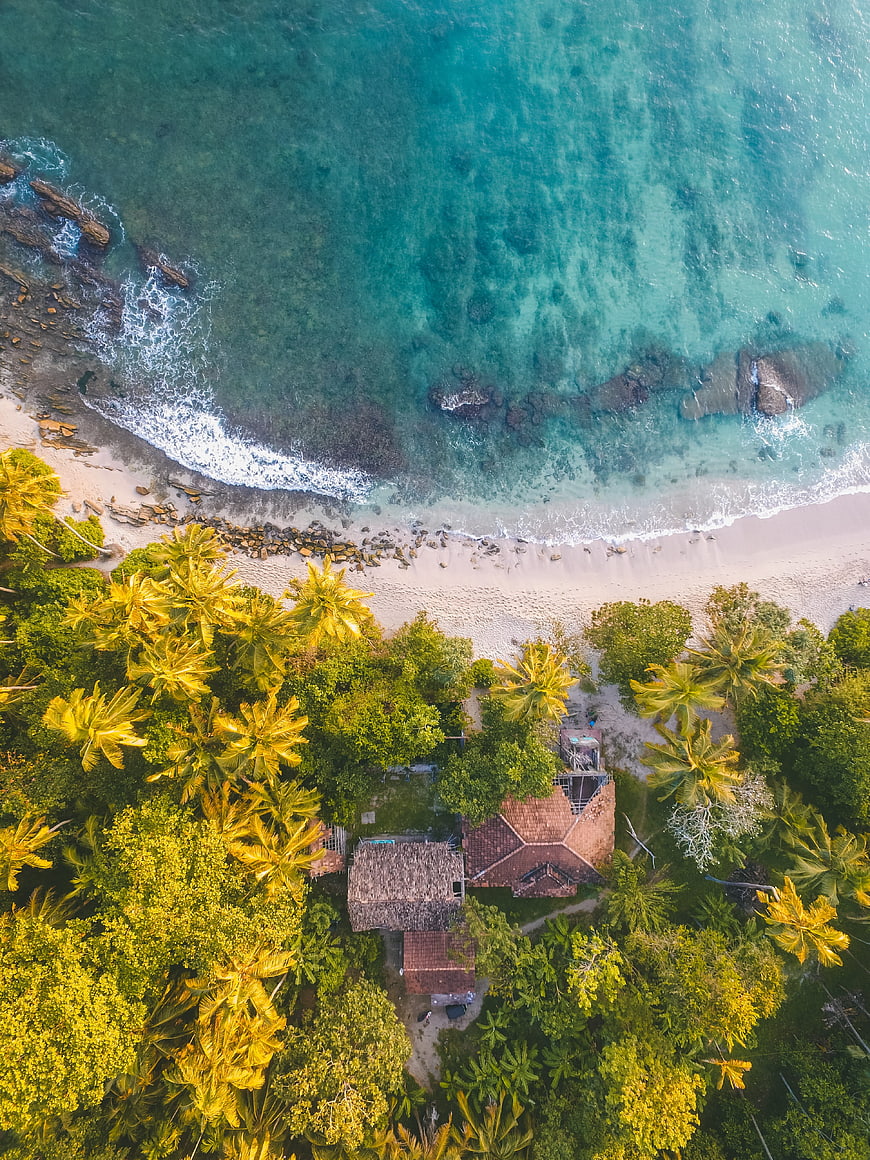 Aerial View of Tropical Beach House with Palm Trees and Turquoise Ocean