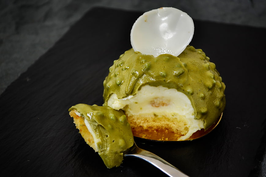 Matcha Mousse Cake with White Chocolate Garnish