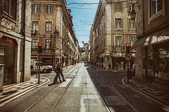Lisbon Street with Tram Tracks and Pedestrians