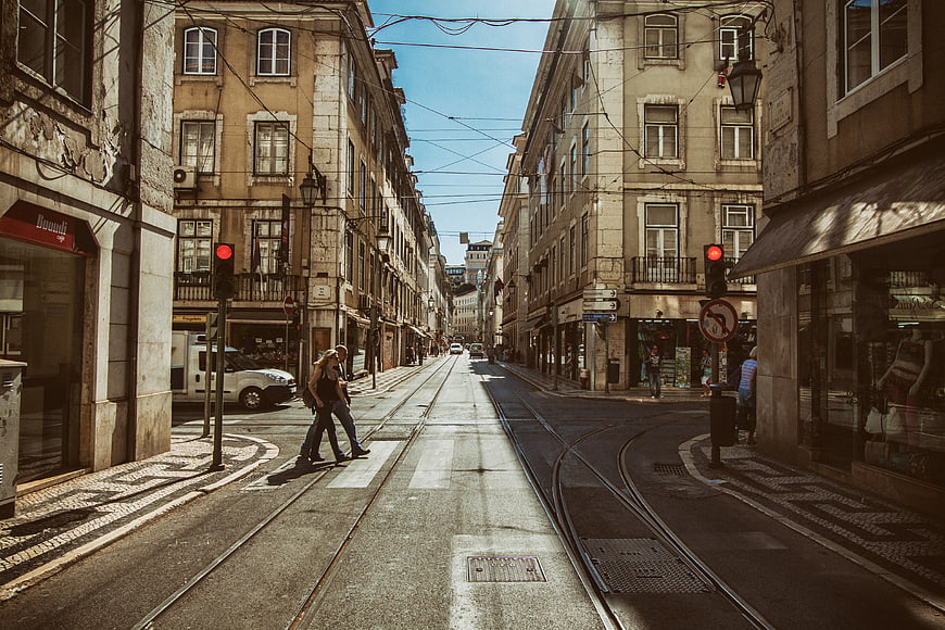 Lisbon Street with Tram Tracks and Pedestrians